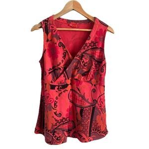 Tianello Womens Small Red Paisley Floral V-Neck Sleeveless Blouse Tencel USA